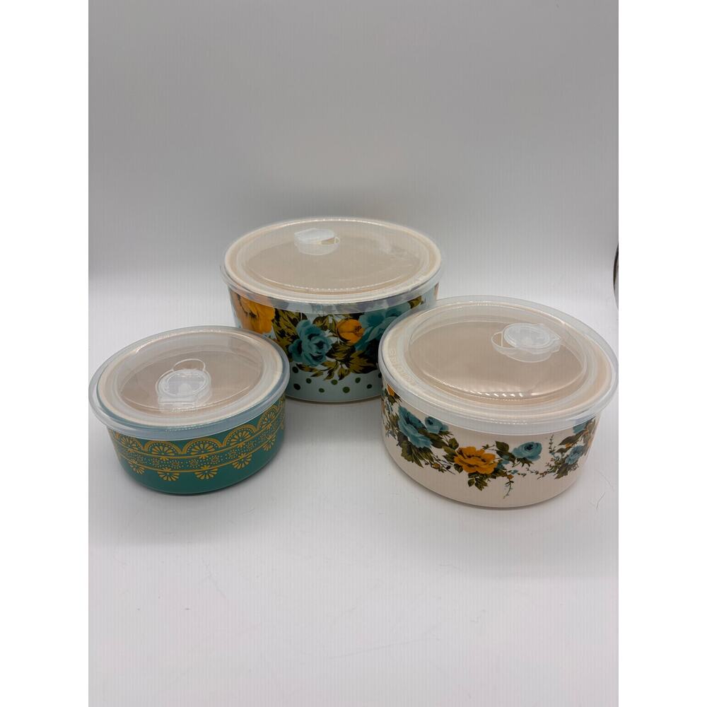 Pioneer Woman stoneware Rose Floral nesting bowls w/ snap on vented lids